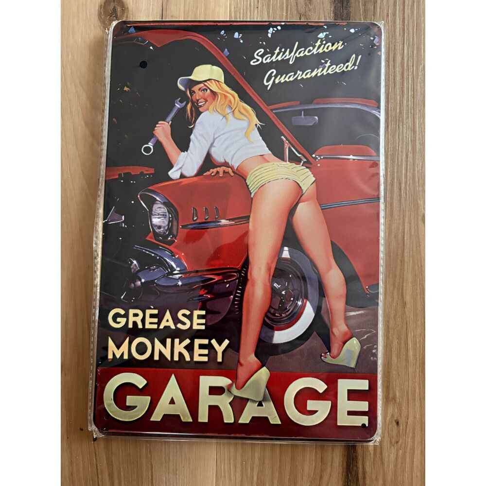 Pinup "Grease Monkey Garage" Metal Sign – Great Classic Car & Workshop Decor!